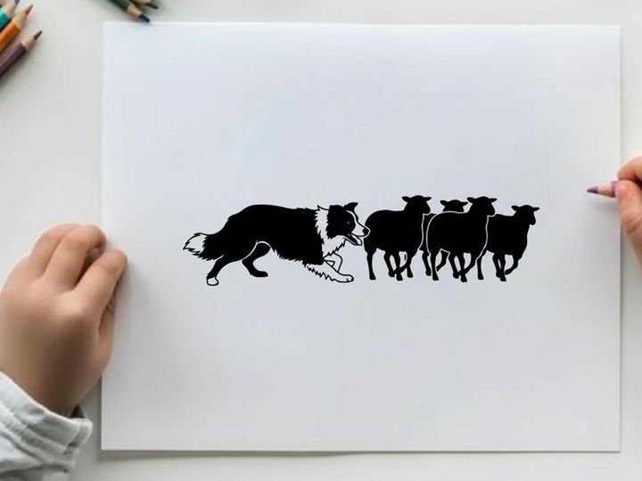 Dog herding silhouette of sheep with a dog