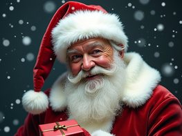 A jovial Santa holds a small red gift against a snowy, dark background. preview picture