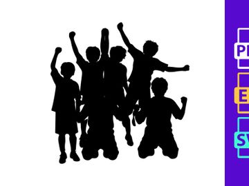 Silhouette of six children jumping and celebrating with raised arms in unison preview picture