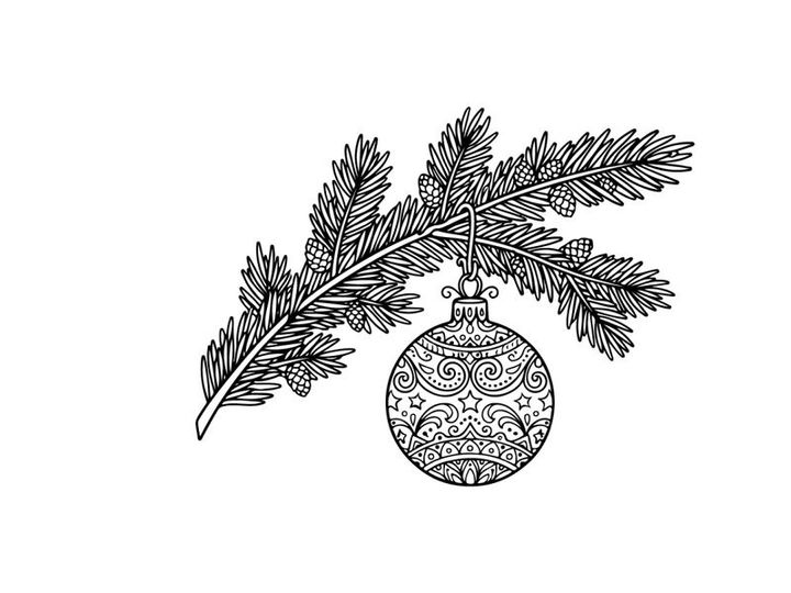 Christmas bauble hanging on a pine branch, hand drawn sketch illustration.
