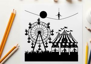 Silhouette of a carnival at night with a ferris wheel and tent silhouette