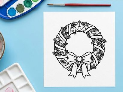 Guirnalda navideña dibujada a mano con estrella, moño y decoraciones festivas de invierno para tarjetas de felicitación estacionales.