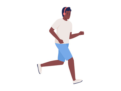 Male marathon runners wearing headphones semi flat color vector characters set