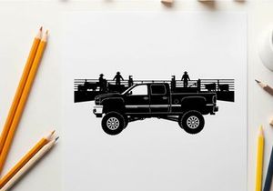 Silhouette of a pickup truck with people and cattle in a rural setting silhouette