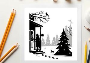 Winter scene silhouette with christmas tree and person on porch