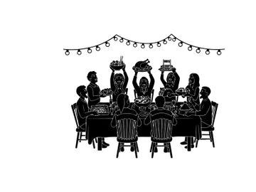 Silhouette of people celebrating with food and lights at a dinner table preview picture