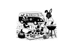 Bunnies picnic silhouette with bbq and flower power van