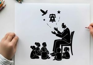 Silhouette of a man telling stories to children with a silhouette