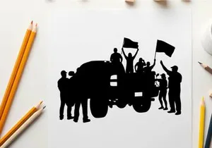 Silhouette of people on a truck waving flags in celebration