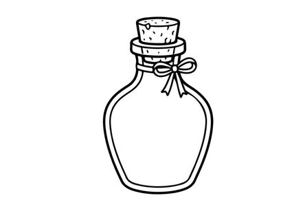 Botol ramuan kaca kosong dengan gabus. Coretan tangan sketsa kecil botol apotek vintage.