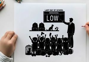 Silhouette of teacher and students on last day of school with cat