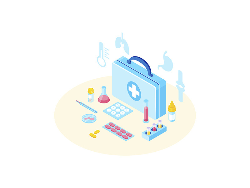 First aid kit with medicine isometric illustration
