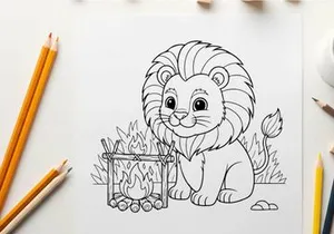 Cute cartoon lion by campfire vector illustration