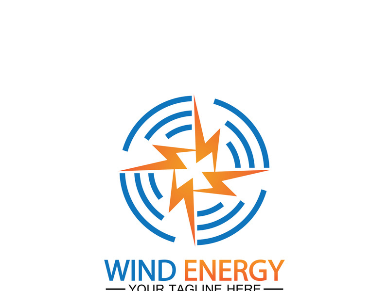 Wind energy logo. renewable energy icon with wind turbines and thunder bolt isolated on white background