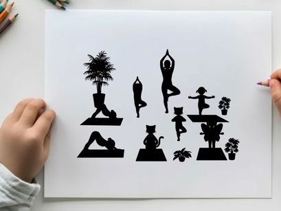 Yoga poses in various colors with silhouette figures and plants