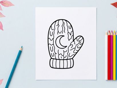 Hand-drawn Halloween mitten with spooky brain design. Cartoon winter glove featuring creepy organ pattern for festive decor.