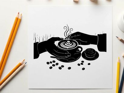 Silhouette of hands holding a steaming cup of coffee