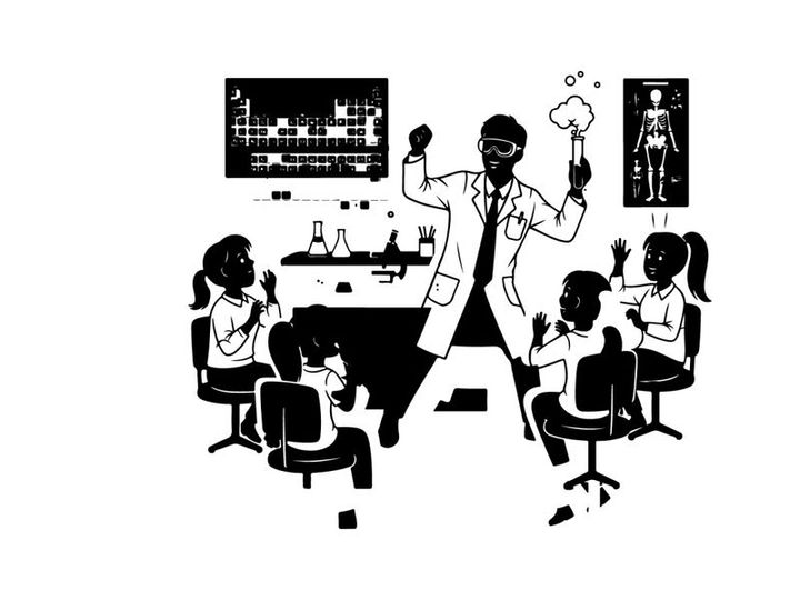 Silhouette of a teacher and students in a science classroom