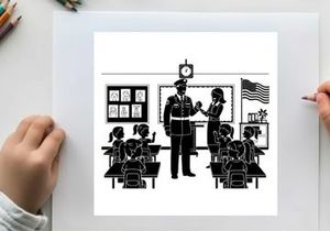 Police officer visiting a classroom with teacher and students silhouette