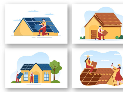 8 Roofing Construction Workers Illustration