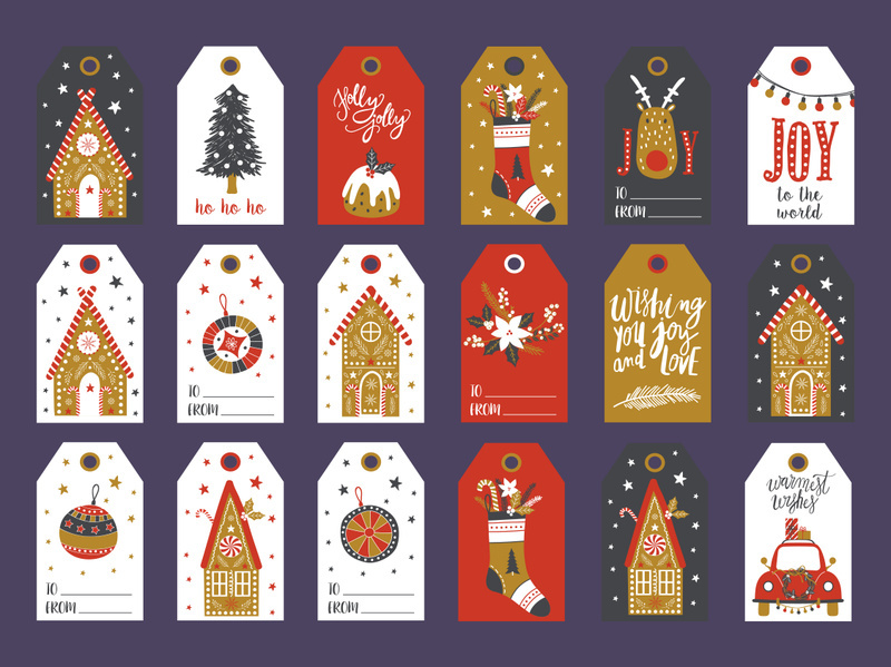 Christmas and happy new year tags for gift, card packaging vector print.