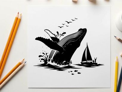 Whale silhouette breaching ocean with sailboat and seagulls silhouette