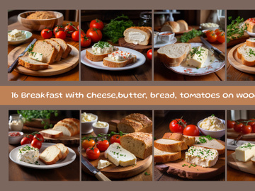 Breakfast with cheese,butter, bread, tomatoes on wooden table preview picture