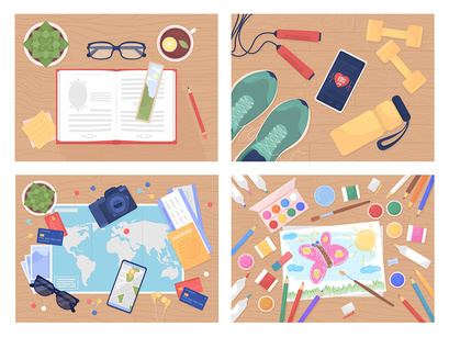 Daily activities flat color vector illustration set