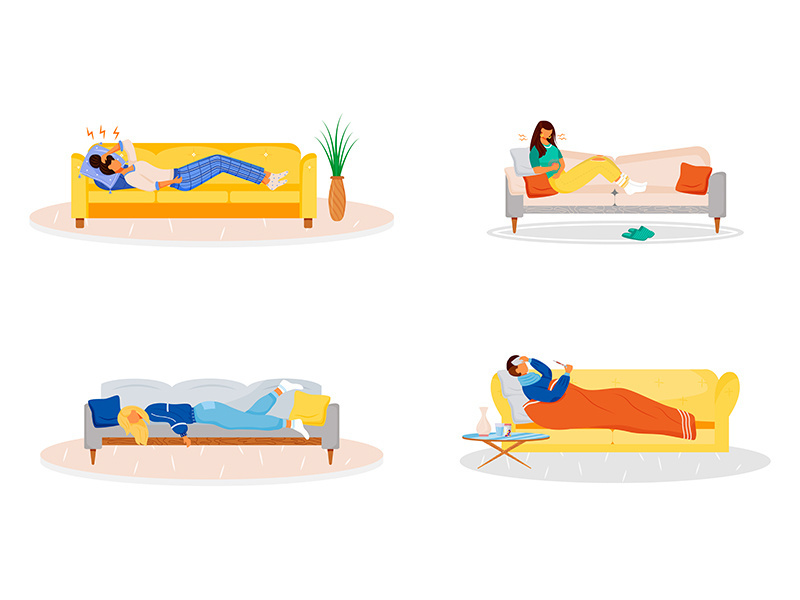 Lying on couch flat color vector faceless characters set