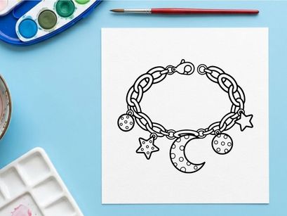 Pulseira de charme de Halloween desenhada à mão com estrelas e lua. Joias doodle caprichosas com motivos celestes e assustadores para artesanatos festivos.