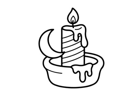 Hand-drawn Halloween candle melting with dripping wax. Spooky holiday illustration of lit taper candle in ceramic holder for festive decor.