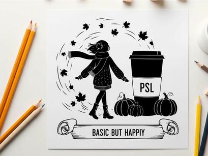 Silhouette of a woman enjoying fall with psl and pumpkins silhouette
