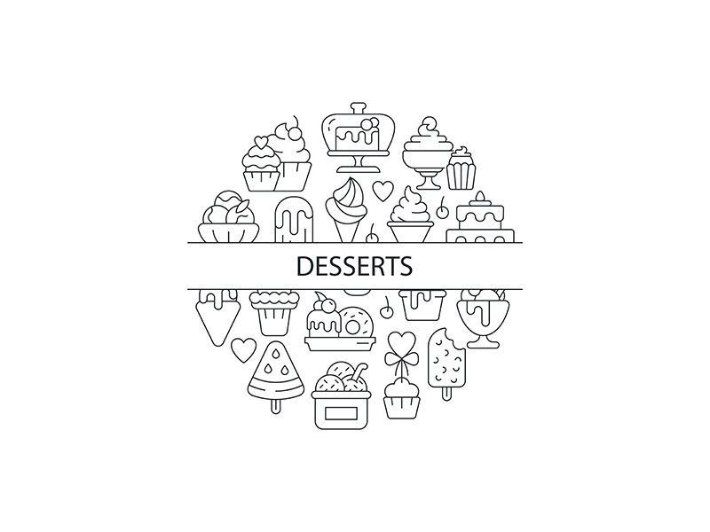 Assorted desserts abstract linear concept layout with headline