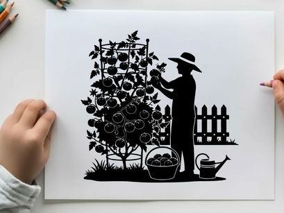 Silhouette of a gardener tending to a plant with a fence in the background