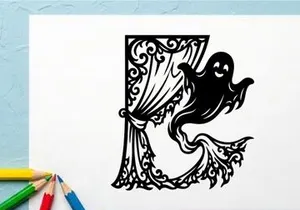 Decorative Halloween Ghost with Curtain and Ornate Frame