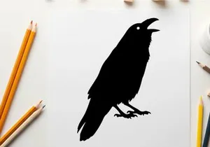 Silhouette of a black bird with open beak on white background