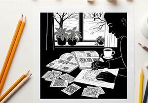 Silhouette of a person reading and writing by the window with plants