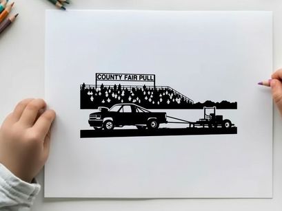 Truck towing tractor at county fair pull event silhouette