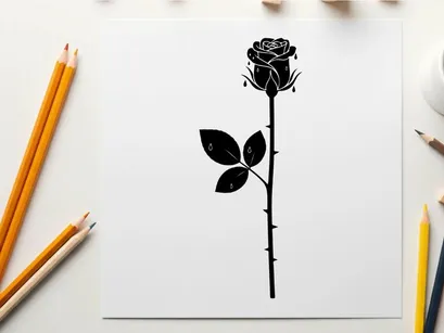 Silhouette of a single black rose on white background