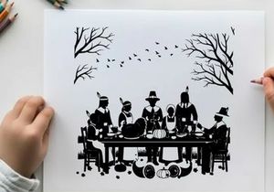 Black silhouette of family in thanksgiving dinner table setting