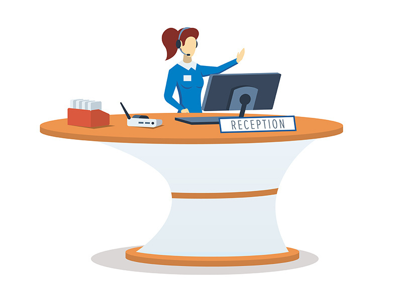 Woman at reception desk semi flat RGB color vector illustration