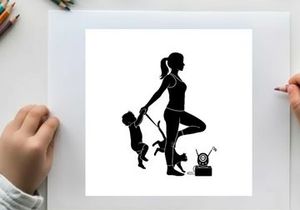 Silhouette of woman balancing child and dog while exercising