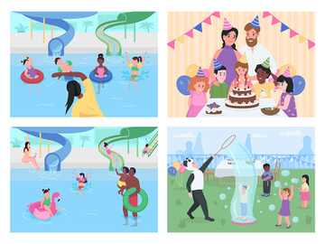 Party and entertainment for children flat color vector illustration set preview picture