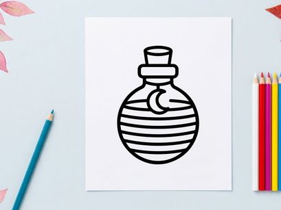 Halloween magic potion bottle icon. Witchcraft elixir flask with moon symbol graphic.