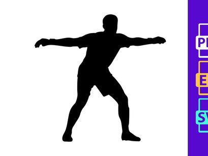 A person in a dynamic yoga or dance pose with arms outstretched and legs apart