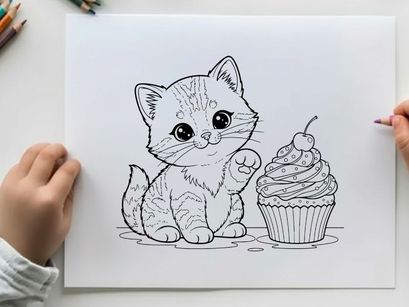 Cute kitten with cupcake vector illustration flat design