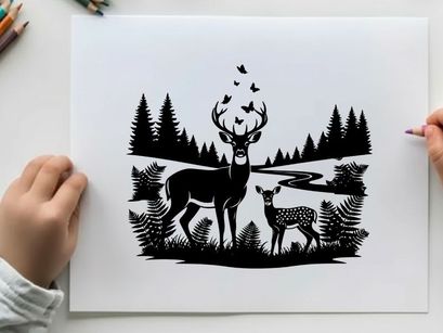 Silhouette of deer and fawn in forest with trees and birds