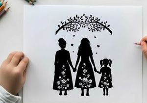 Mother and daughters silhouette under a tree with flowers