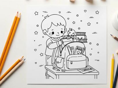 cute boy eating apple with books vector illustration