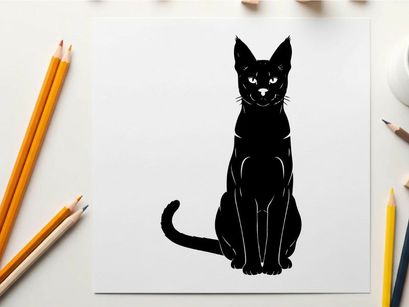 Black cat silhouette sitting upright facing forward